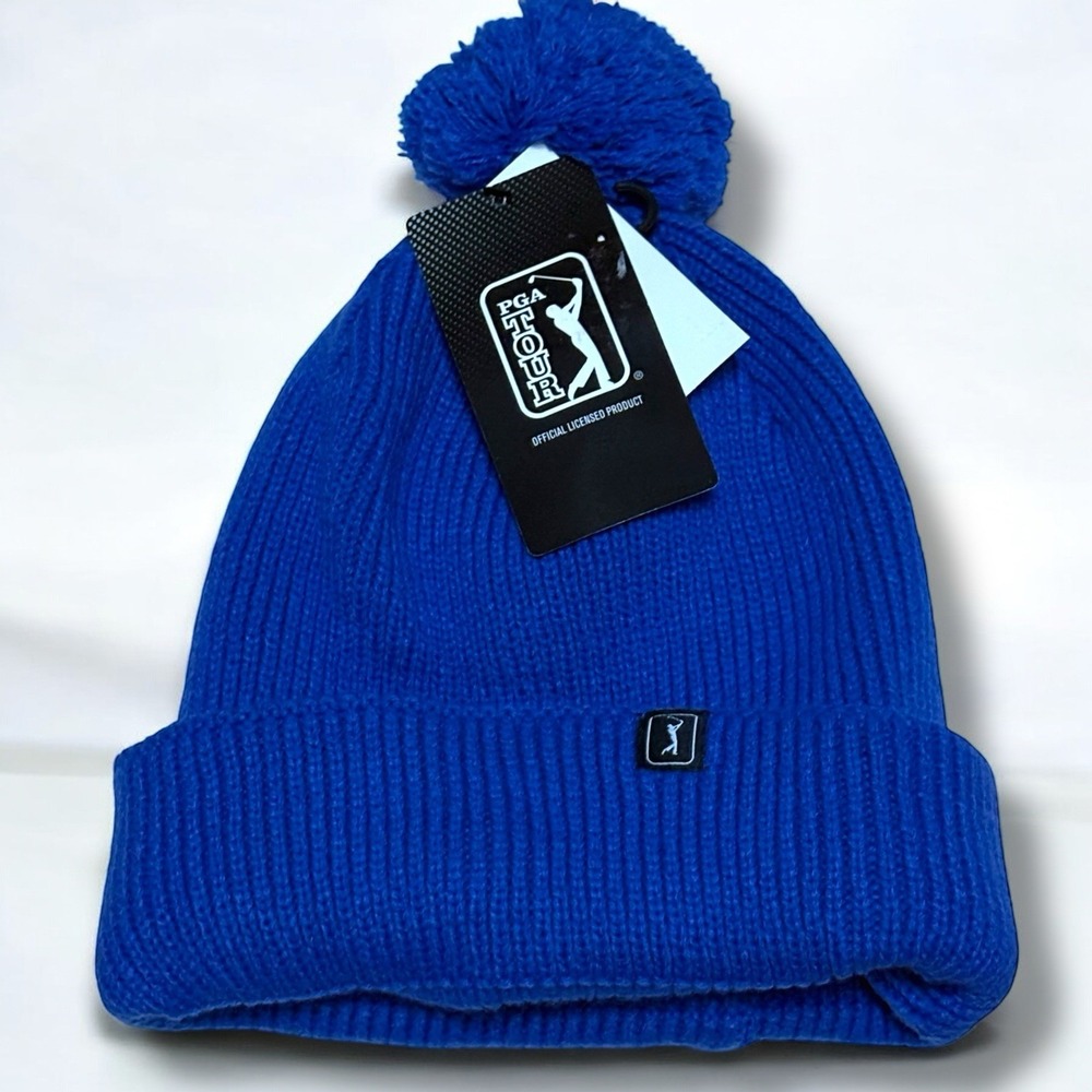 Dazzling Blue PGA Tour Knit Beanie Toboggan‎ Cuffed Pom OS New